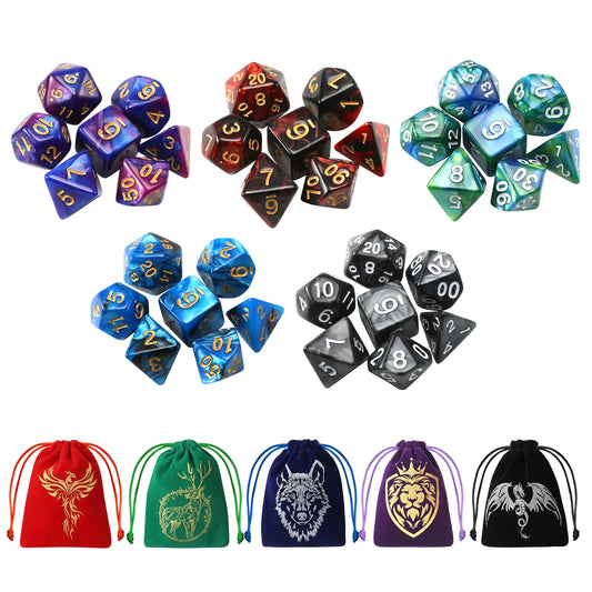 35-Piece DND Dice Bundle with Animal Print Pouches